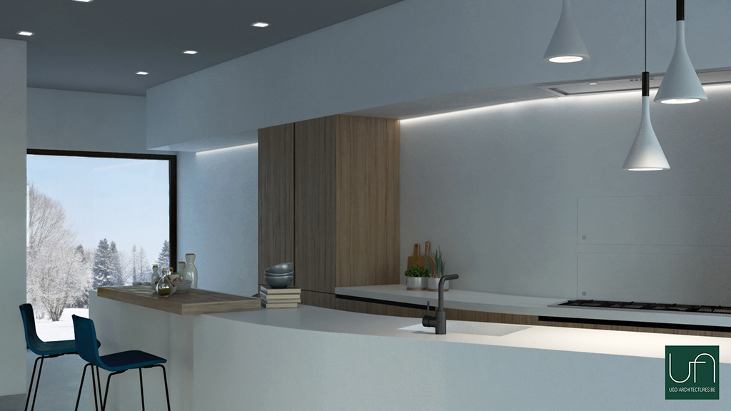 Ugo Architectures | Vue 3D cuisine noyer et corian