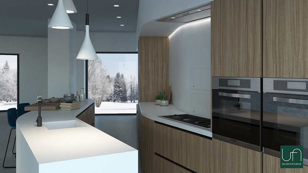 Ugo Architectures | Vue 3D cuisine avec suspension Foscarini
