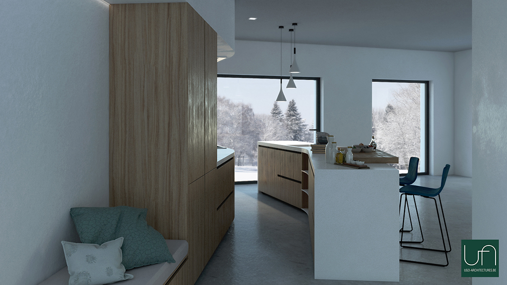 Ugo Architectures | Vue 3D cuisine contemporaine noyer et corian