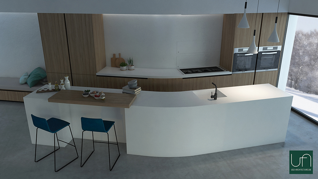 Ugo Architectures | Vue 3D cuisine contemporaine avec ilot courbe