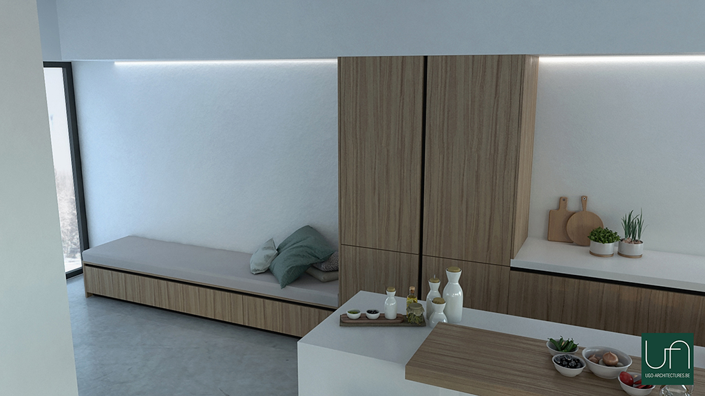 Ugo Architectures | Vue 3D cuisine en noyer avec banquette