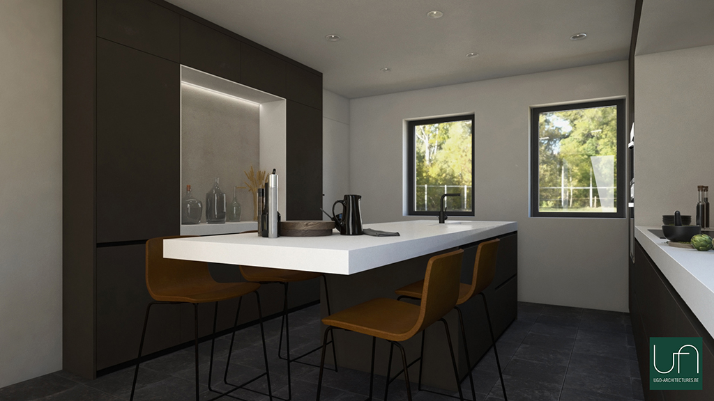 Architecture intérieure | Cuisine avec ilot central et plan de travail en corian