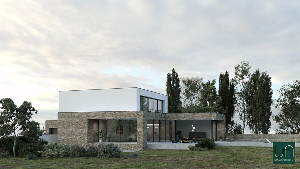 Architecture contemporaine | Villa en pierre naturelle et crépi blanc à l'étage