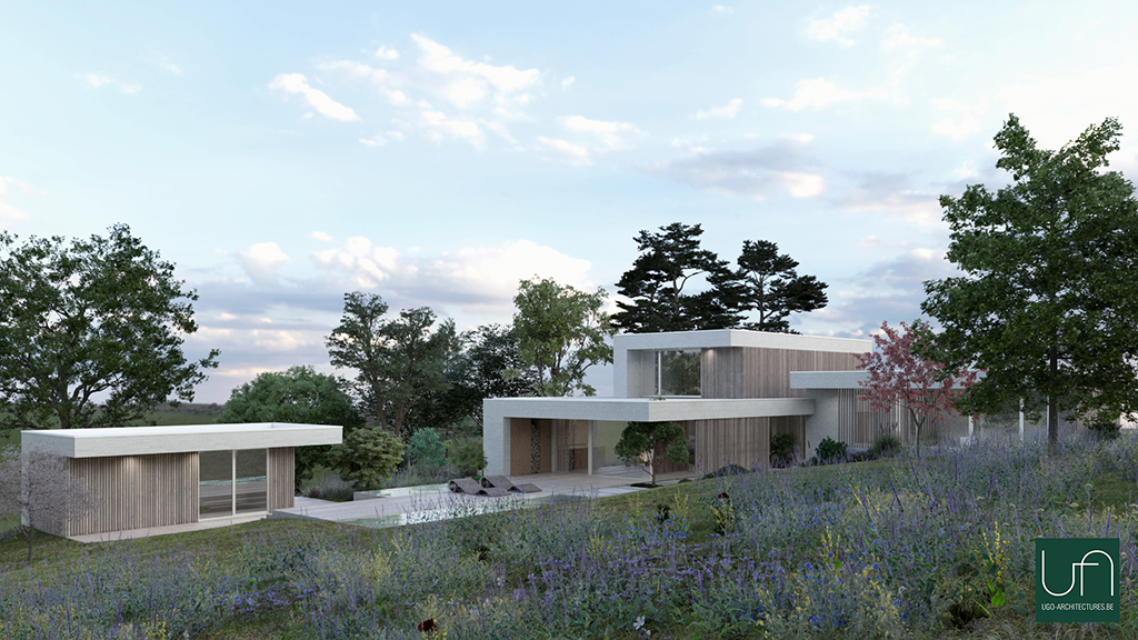 Ugo Architecture | Villa contemporaine toiture plate et bardage bois clair praire sauvage