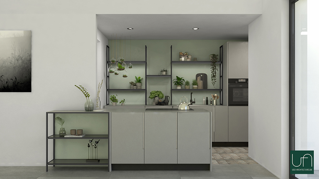 Ugo Architectures | Vue 3D cuisine verte avec étagères