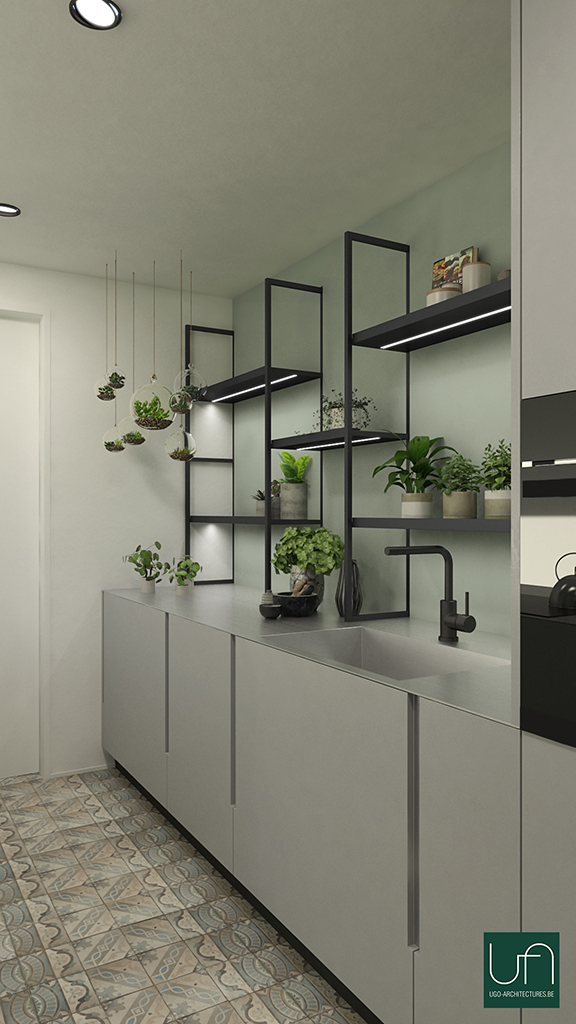 Ugo Architectures | Cuisine plan de travail inox et étagères aluminium noir