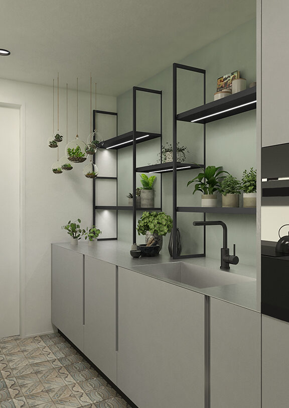 Ugo Architectures | Cuisine avec étagères murales en aluminium noir