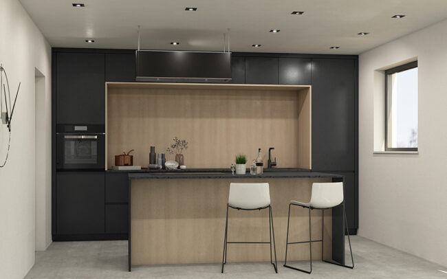 Ugo Architectures | Cuisine avec ilot central chêne clair et noir mat