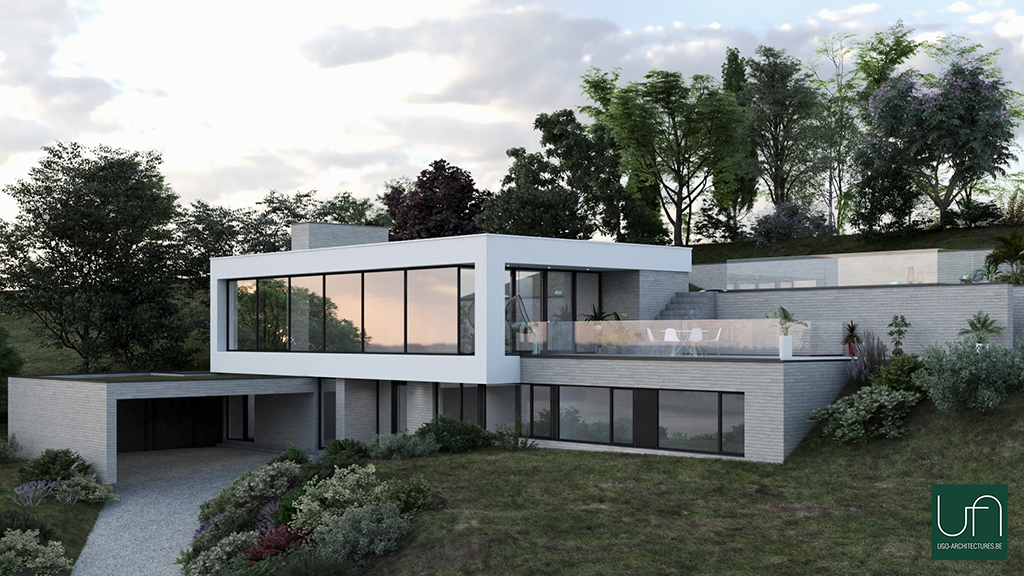 Ugo architectures | Vue 3D villa contemporaine semi-enterrée