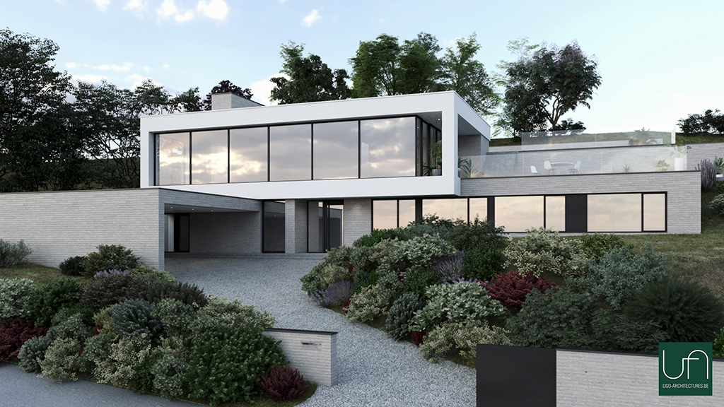 Ugo Architectures | Vue 3D villa contemporaine semi-enterrée façade avant