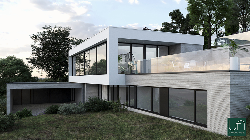 Ugo Architectures | Vue 3D villa contemporaine semi-enterrée entrée