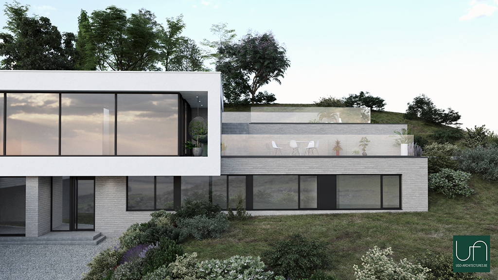 Ugo Architectures | Vue de face 3D villa contemporaine semi-enterrée