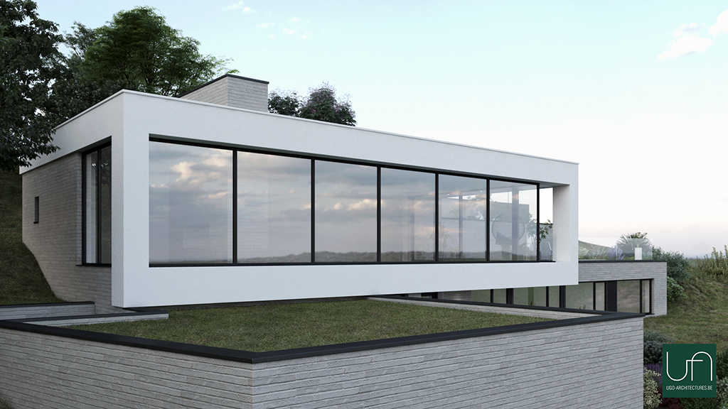Ugo Architectures | Vue 3D villa contemporaine semi-enterrée côté