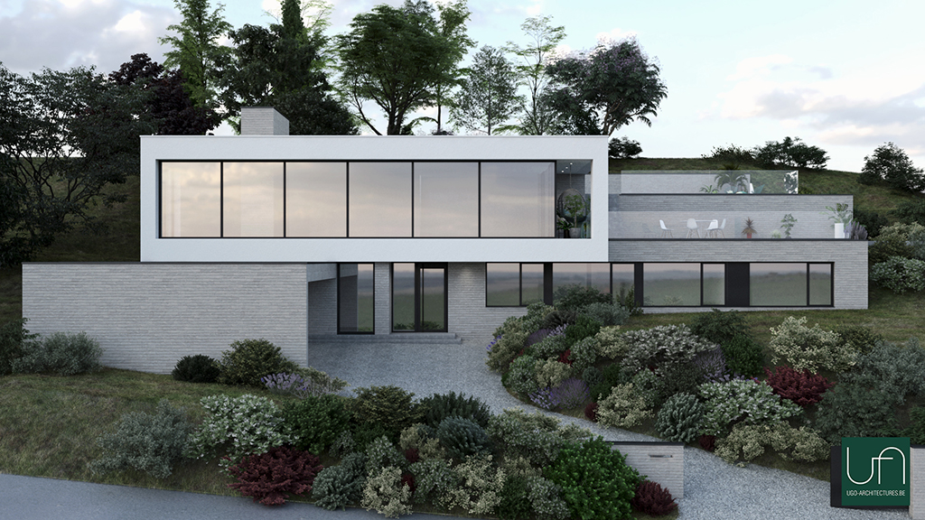 Ugo Architectures | Vue 3D villa contemporaine semi-enterrée