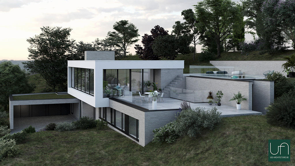 Ugo Architectures | Vue 3D terrasses villa semi-enterrée