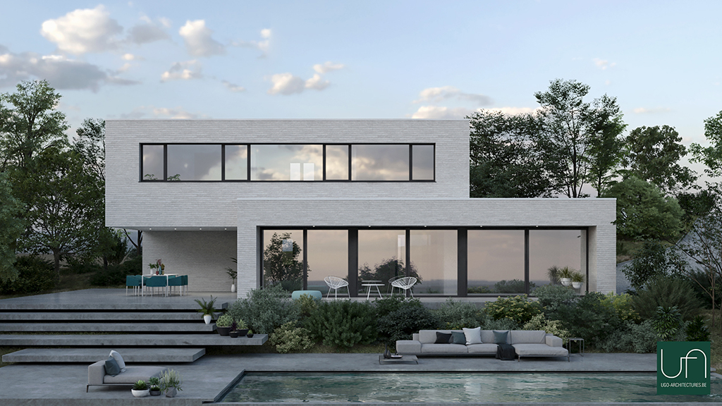 Ugo Architectures | Vue 3D terrasse avec piscine villa contemporaine
