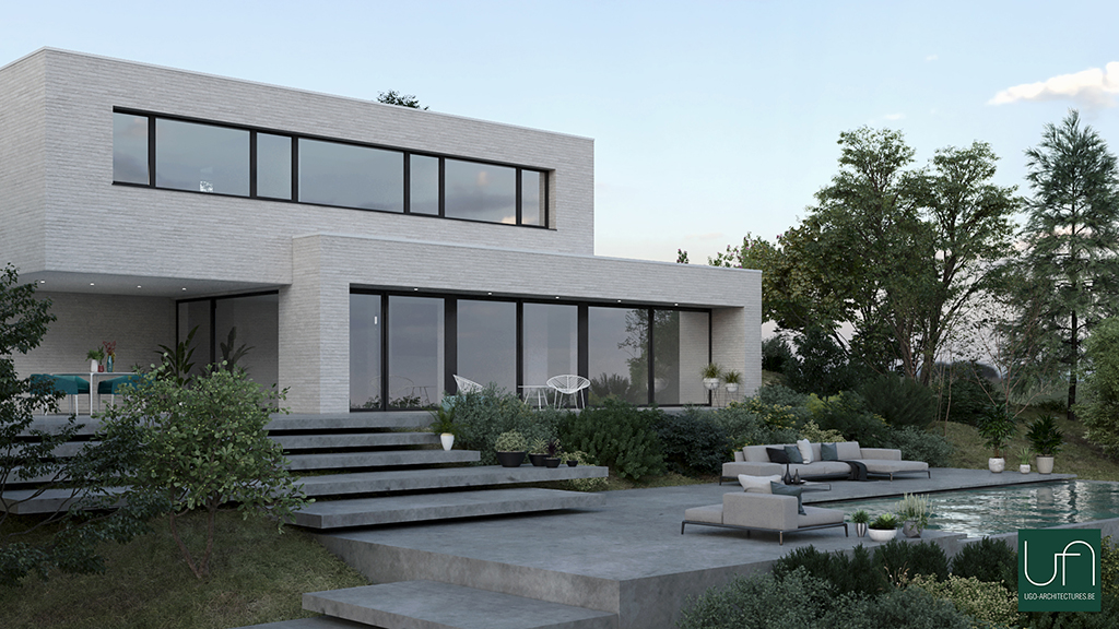 Ugo Architectures | Vue 3D villa contemporaine en brique avec piscine