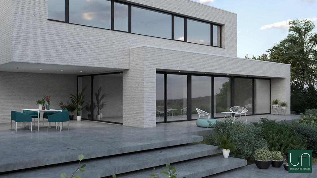 Ugo Architectures | Vue 3D terrasse couverte villa contemporaine en brique