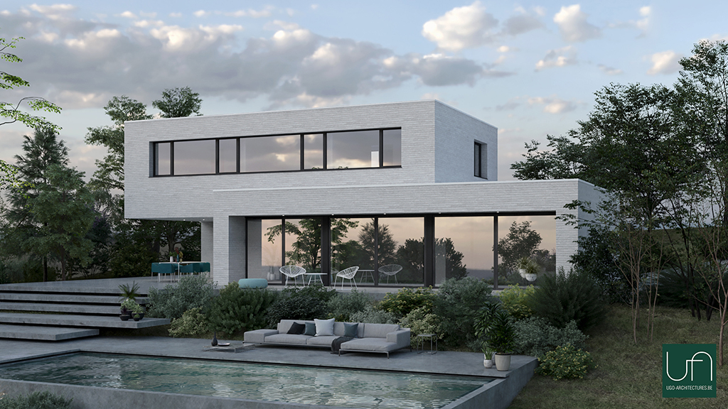 Ugo Architectures | Vue 3D villa contemporaine avec terrasse et piscine