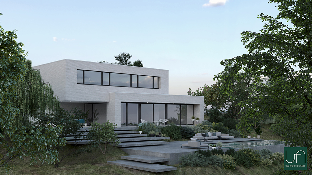 Ugo Architectures | Vue 3D villa contemporaine en brique avec piscine