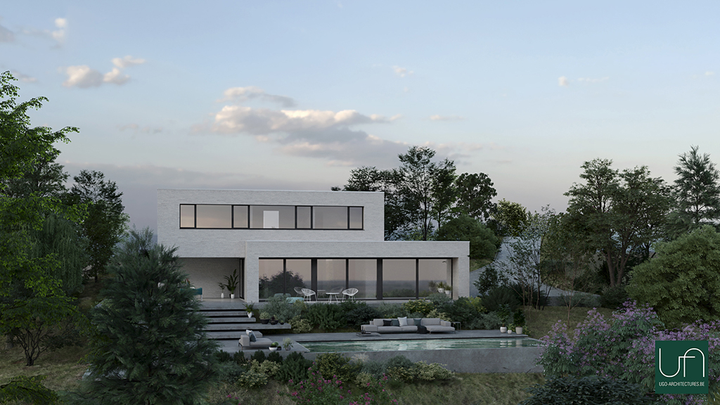 Ugo Architectures | Vue 3d jardin avec piscine villa contemporaine