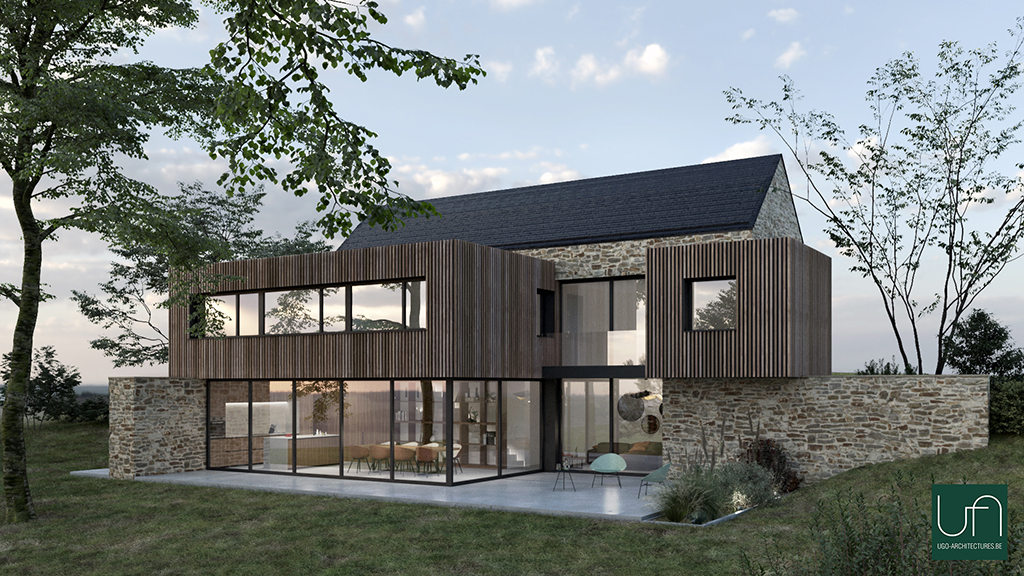 Ugo Architectures | Villa contemporaine pierre naturelle et bardage bois façade arrière